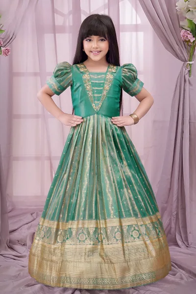 Sea Green Zari, Zardozi, Beads and Stone work Long Party Gown